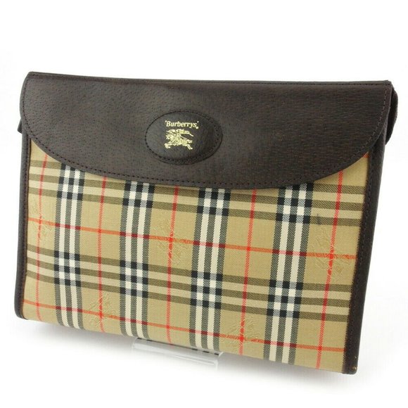 BURBERRY clutch bag check beige canvas �~ leather Auth used - Picture 1 of 8